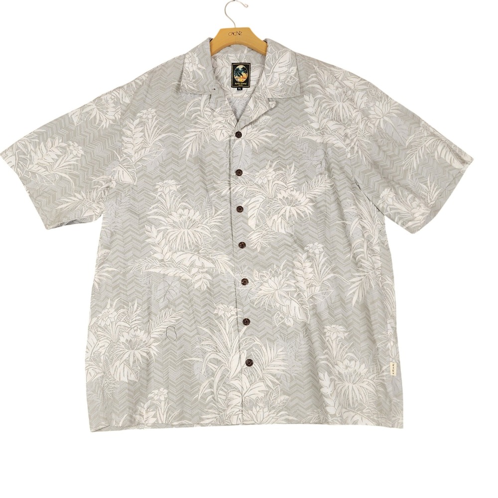 Koko‎ Island Classics Mens XL Tropical Floral Chevron Cotton Camp Shirt White